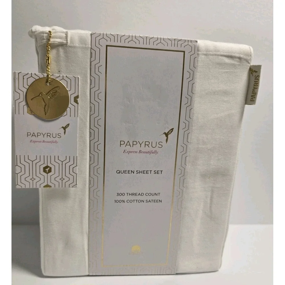 PAPYRUS   300 Thread Count 100%  Cotton Sateen Queen 4 Piece White Sheet Set‎